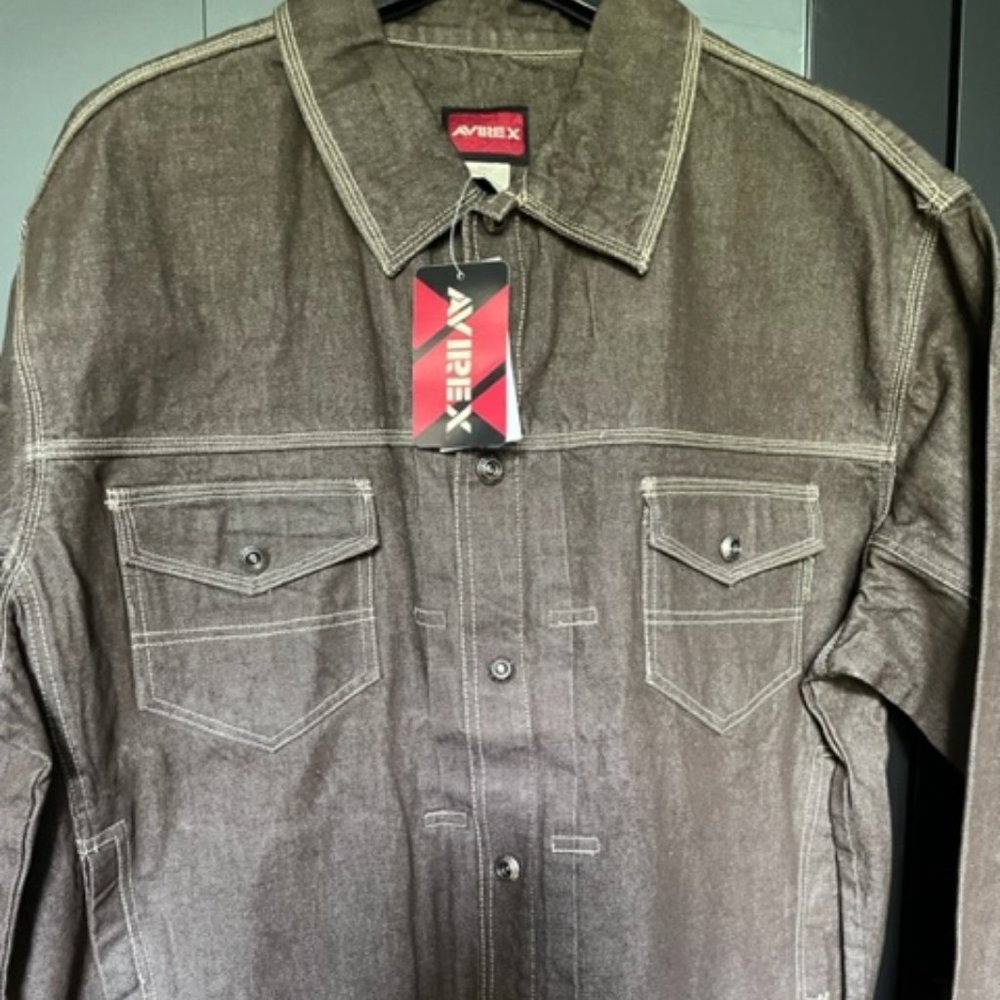 Mens Avirex USA Brown Denim Silver Button Down Jacket. Size 3X  Pockets 3X NWT